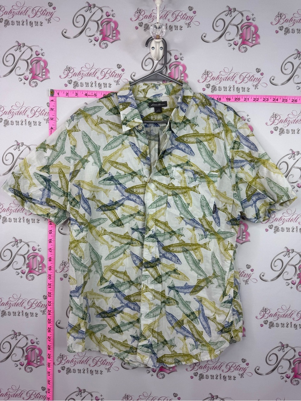 Eddie Bauer fish shirt Short-Sleeve Fish Print Shirt in Green, Blue, Yellow
